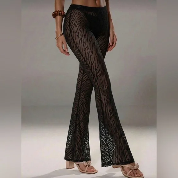 New High Waist Black Sheer Mesh Swimsuit cover Up Zebra Print Pants size M/L - Picture 5 of 7